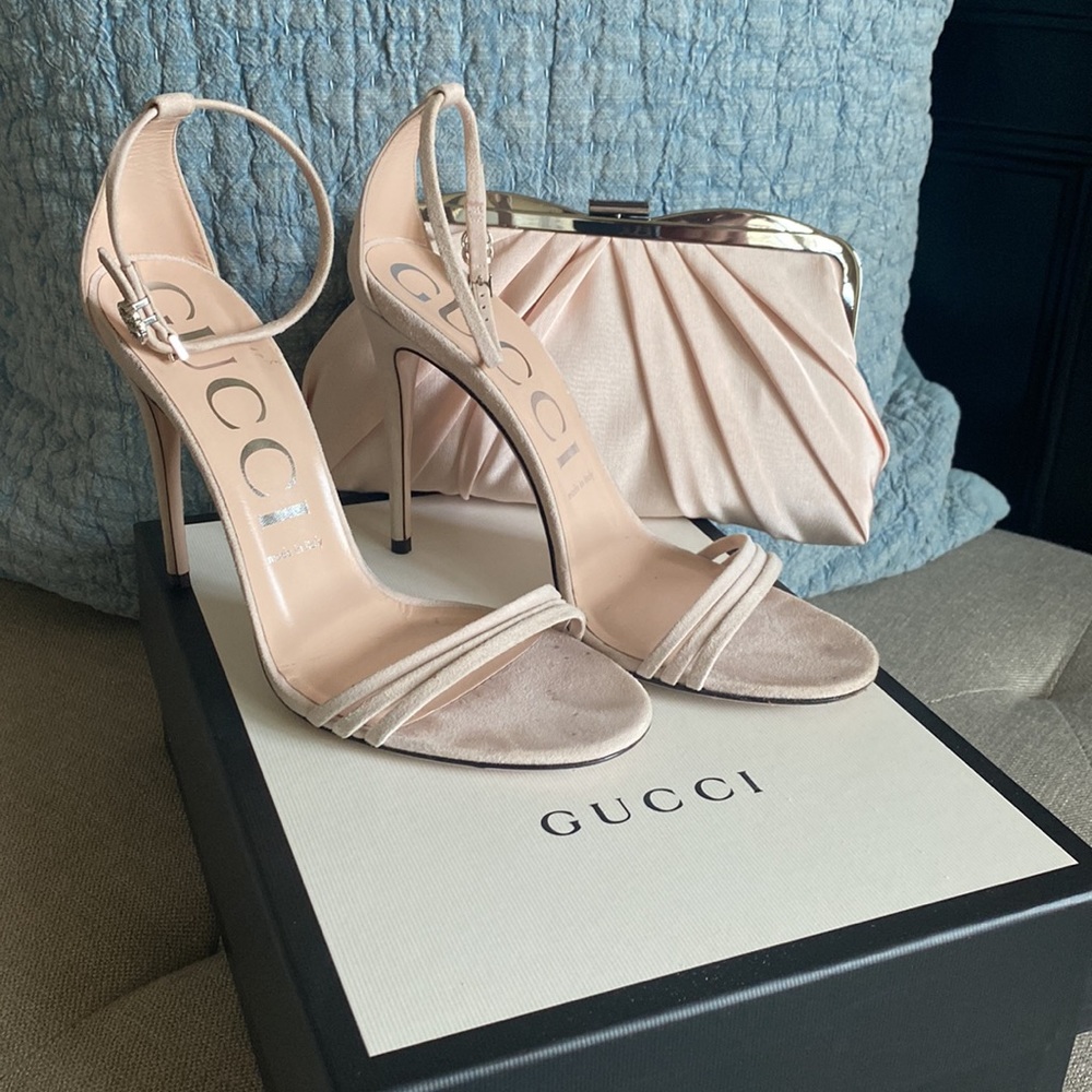 Gucci Suede pink strappy heel sandal crystal detail size 39.5